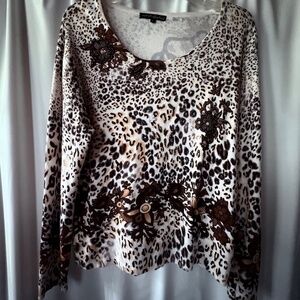 Pierri NY Multicolor Leopard Print Beaded Long Sleeve Scoop Neck Sweater Large